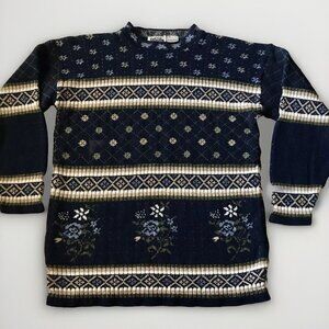 Vintage Basic Edition Blue Floral Grandmacore Sweater 90s Y2K‎ Oversized Medium